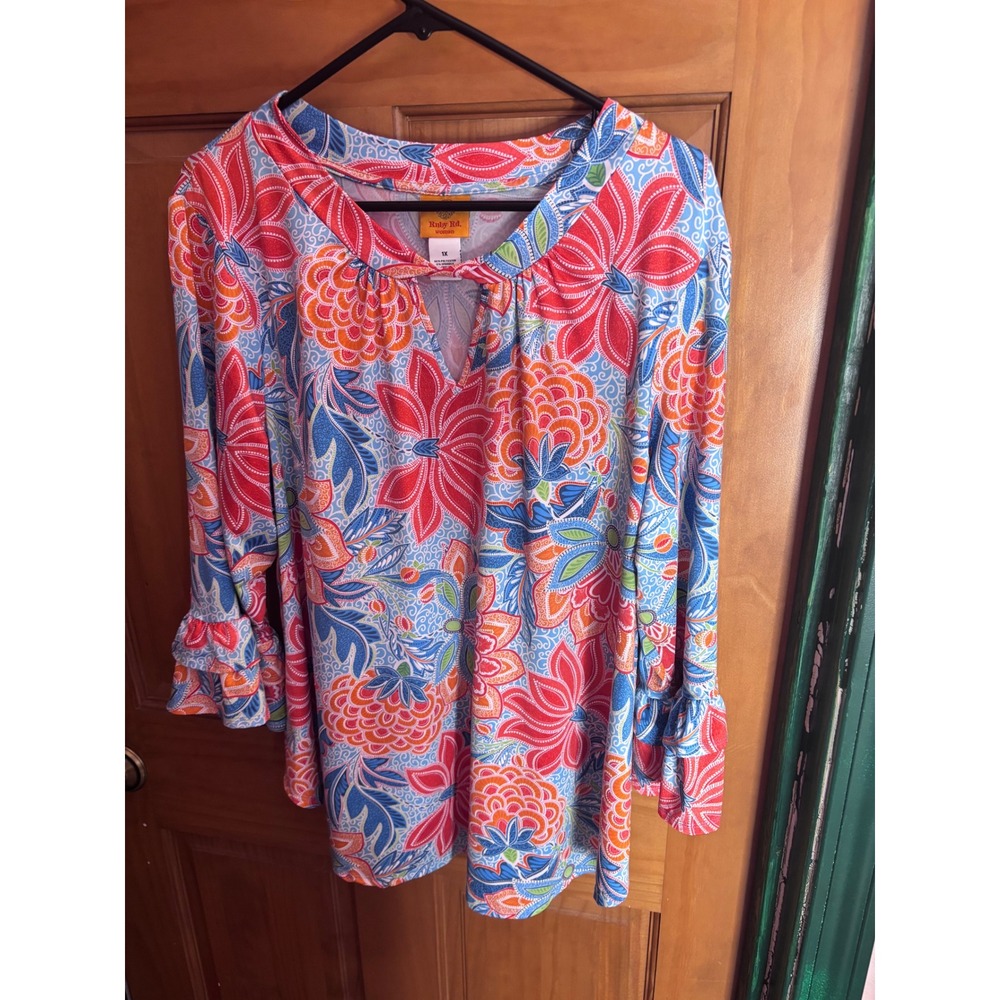 Ruby Rd Woman Floral Paisley Tunic Top Blue Coral Ruffle Sleeve 1X